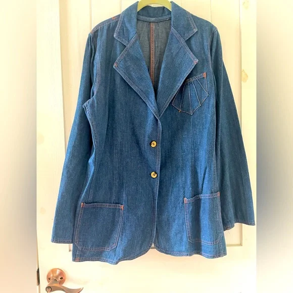 Women’s Vintage Jean Denim Blazer Jacket 2 Buttons With Pockets Size 40 Cotton - Picture 1 of 7